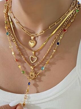 🔥 Gold-Tone 4 pc Layered Heart & Sun Multicolor Pendant Necklace